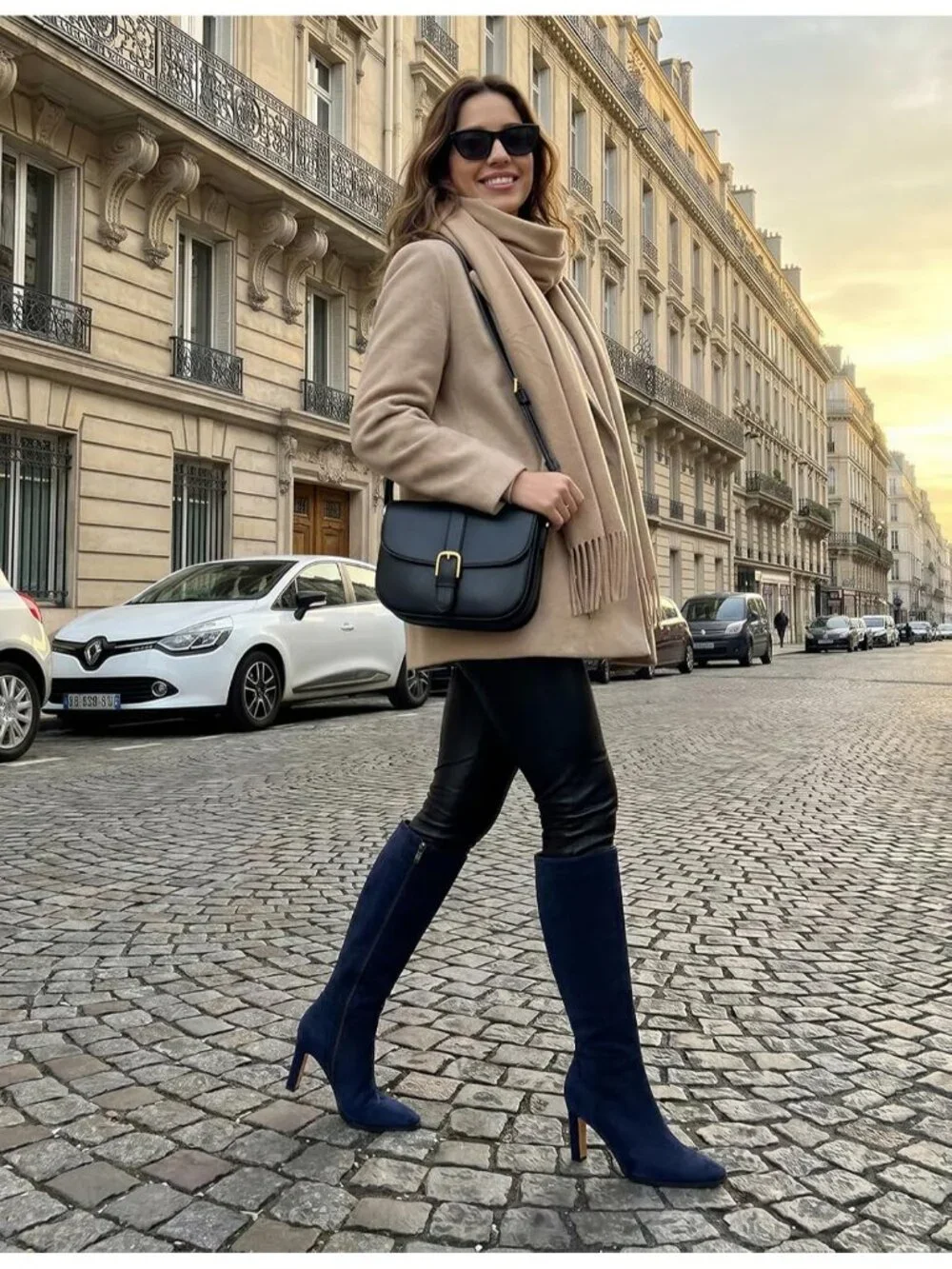 Women's Navy Faux Suede Pointed Square Toe Stiletto Chunky Heel Knee High Boots